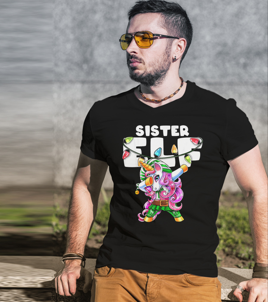 Sister Elf Christmas Dabbing Unicorn With Holiday Lights T-Shirt