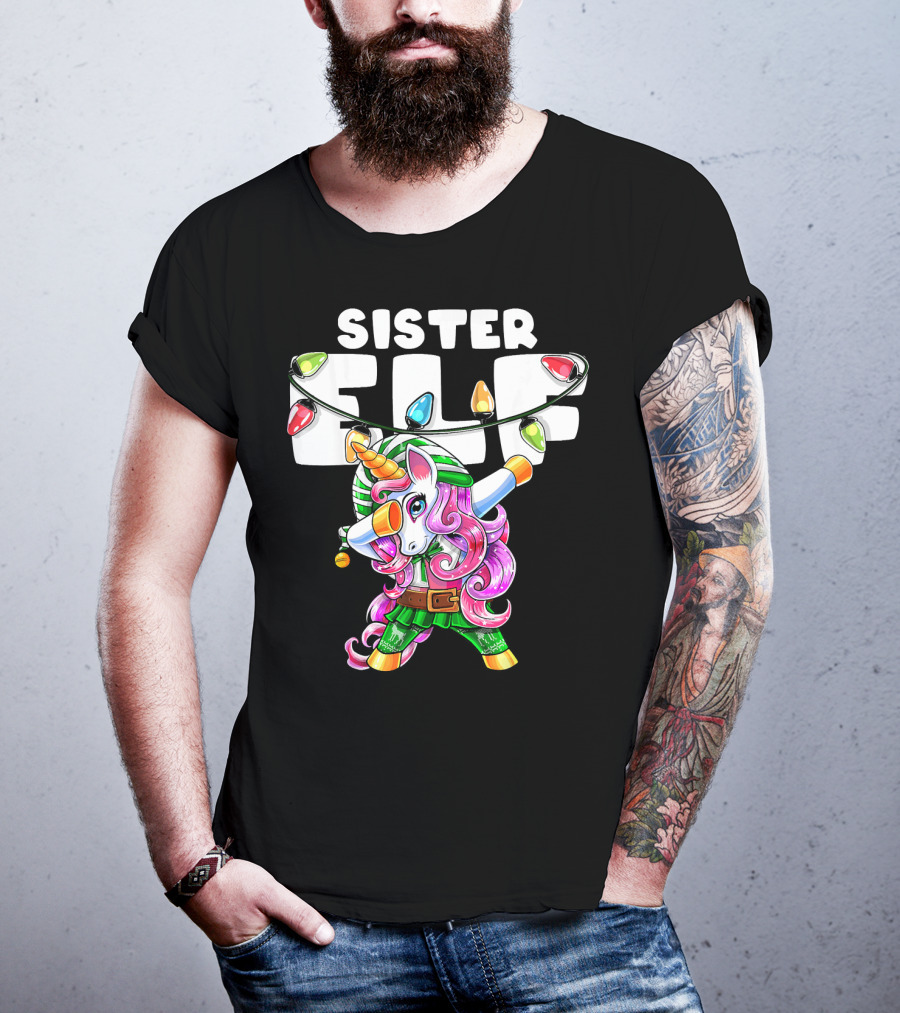 Sister Elf Christmas Dabbing Unicorn With Holiday Lights T-Shirt