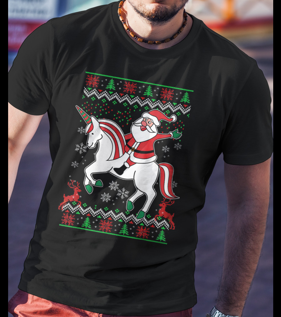 Santa Claus Riding Unicorn Christmas Sweater Pattern Holiday Magic T-Shirt