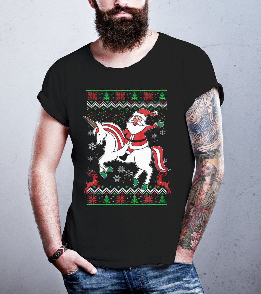 Santa Claus Riding Unicorn Christmas Sweater Pattern Holiday Magic T-Shirt