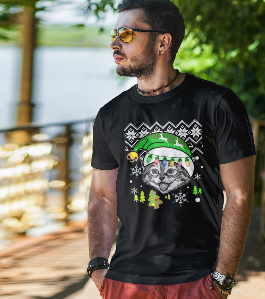 Christmas Cat Reindeer Hat Snowflakes Festive Lights T-Shirt