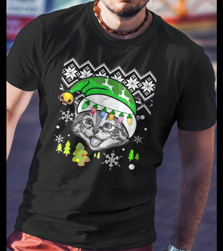Christmas Cat Reindeer Hat Snowflakes Festive Lights T-Shirt
