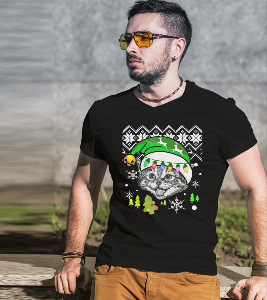 Christmas Cat Reindeer Hat Snowflakes Festive Lights T-Shirt