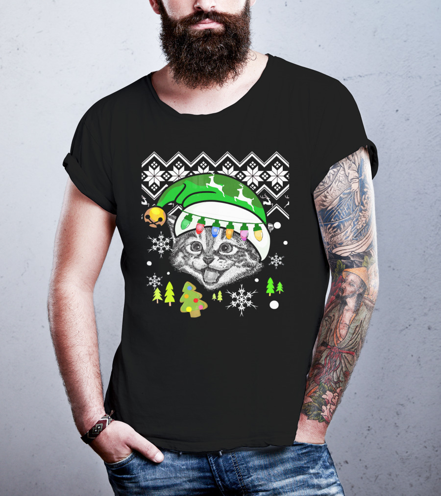 Christmas Cat Reindeer Hat Snowflakes Festive Lights T-Shirt