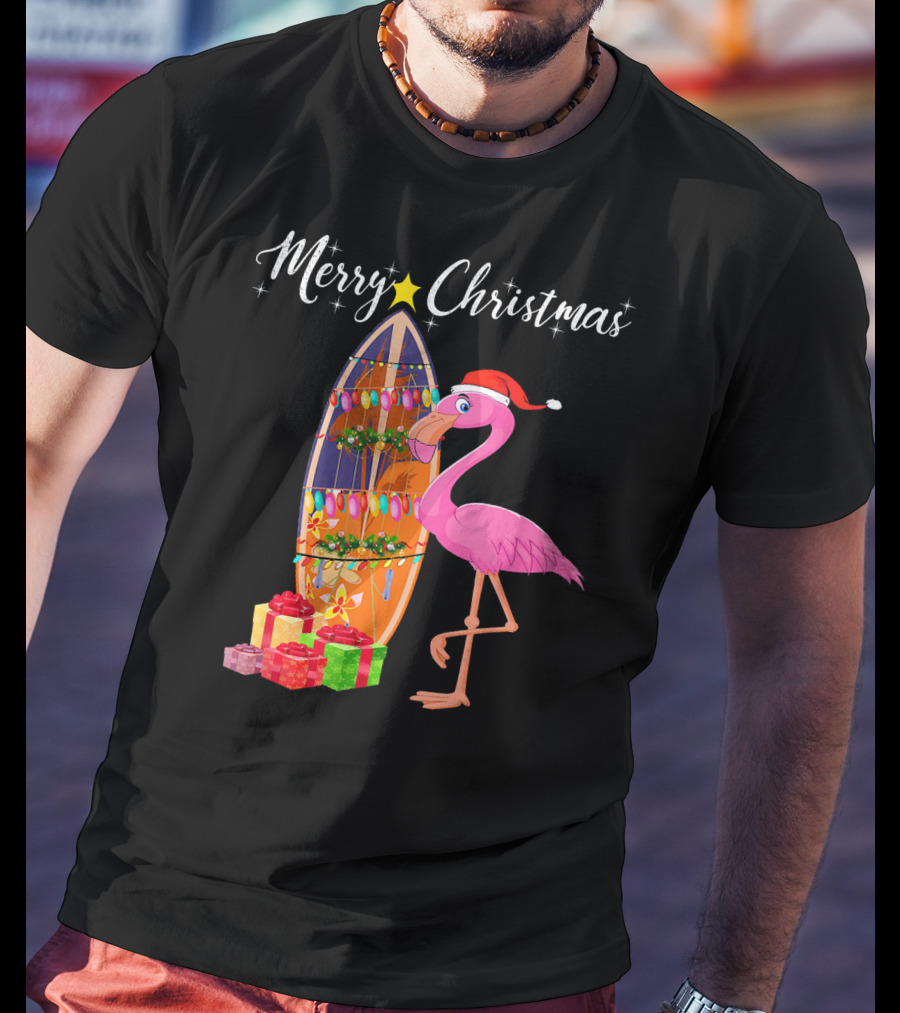 Merry Christmas Flamingo Surfboard Santa Hat Gifts T-Shirt