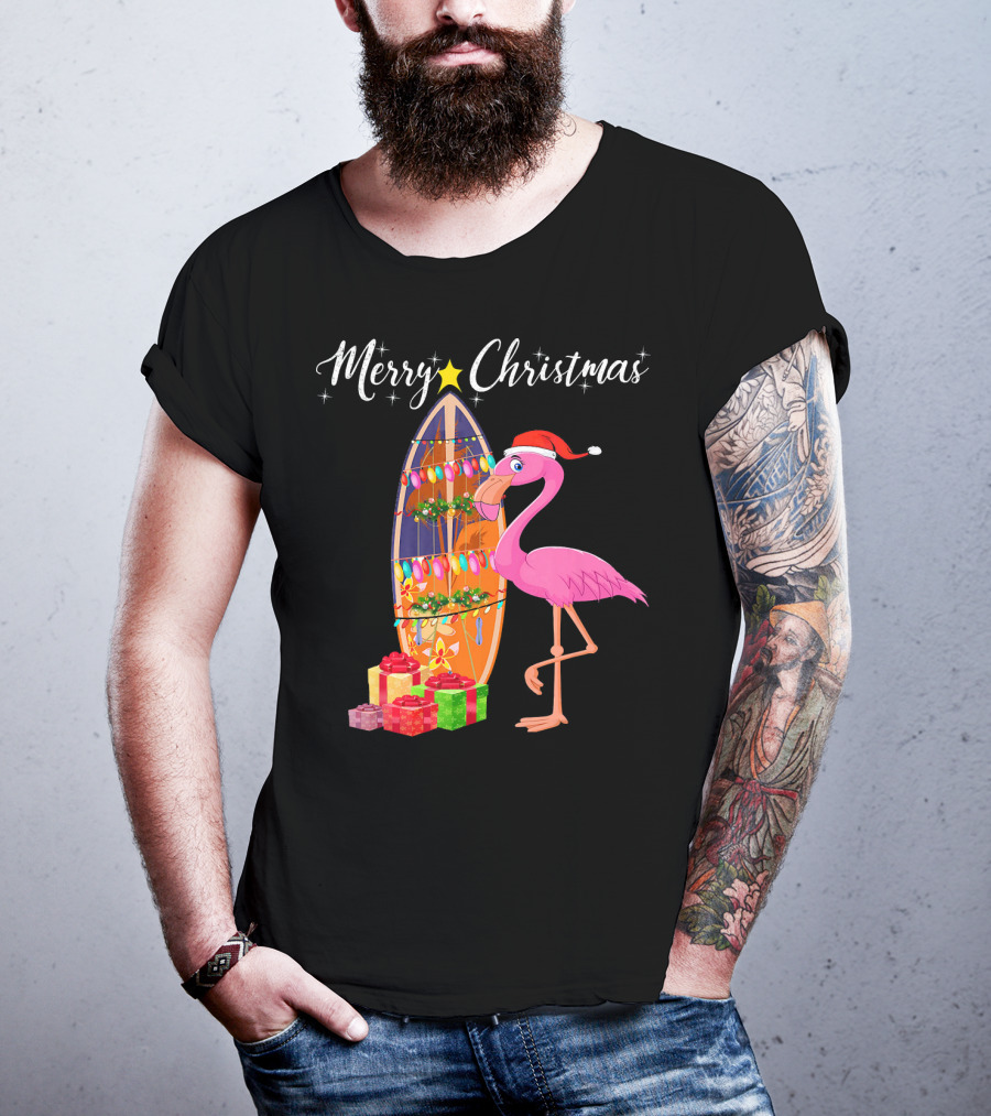Merry Christmas Flamingo Surfboard Santa Hat Gifts T-Shirt