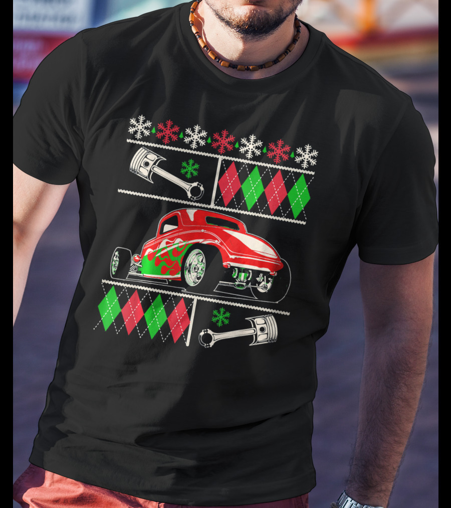 Hot Rod Christmas Ugly Sweater Red Green Car Snowflakes Argyle Pistons T-Shirt