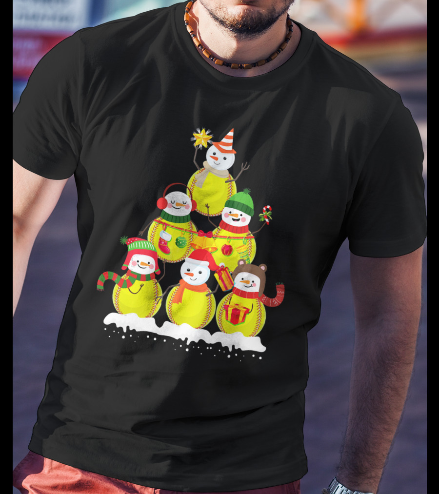 Softball Snowman Christmas Tree Holiday Scene T-Shirt