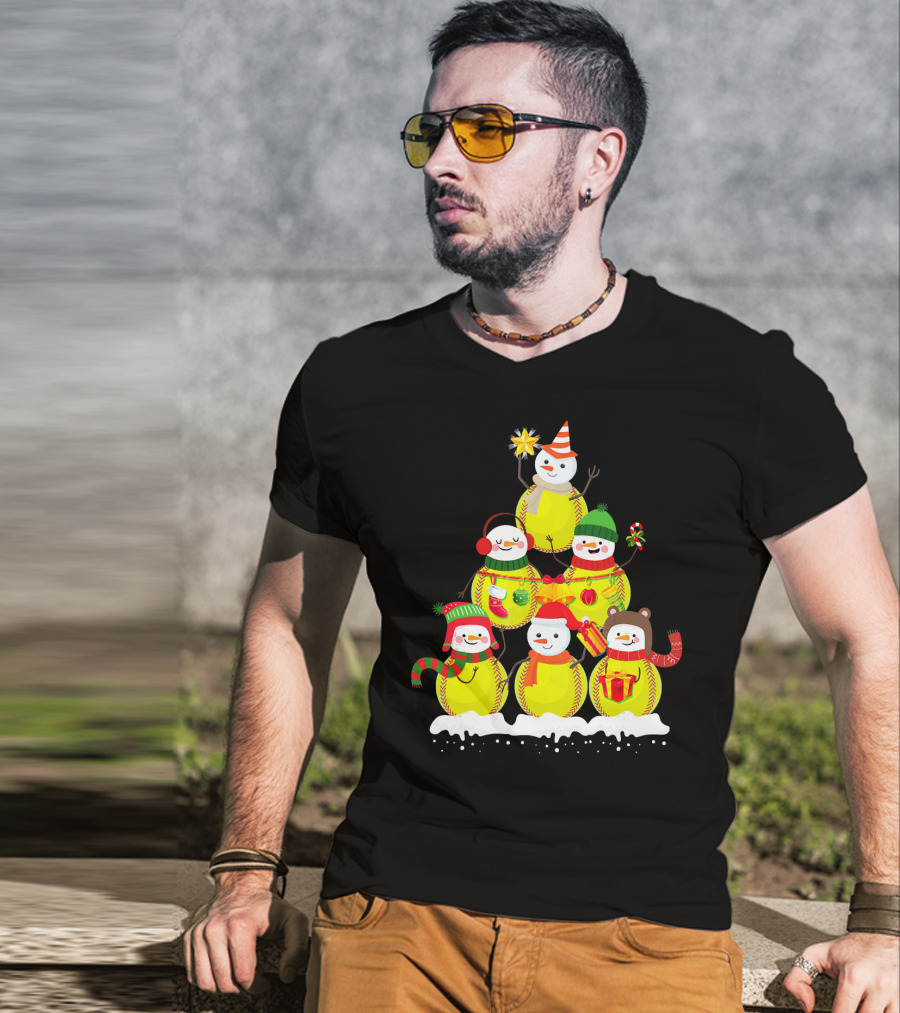 Softball Snowman Christmas Tree Holiday Scene T-Shirt