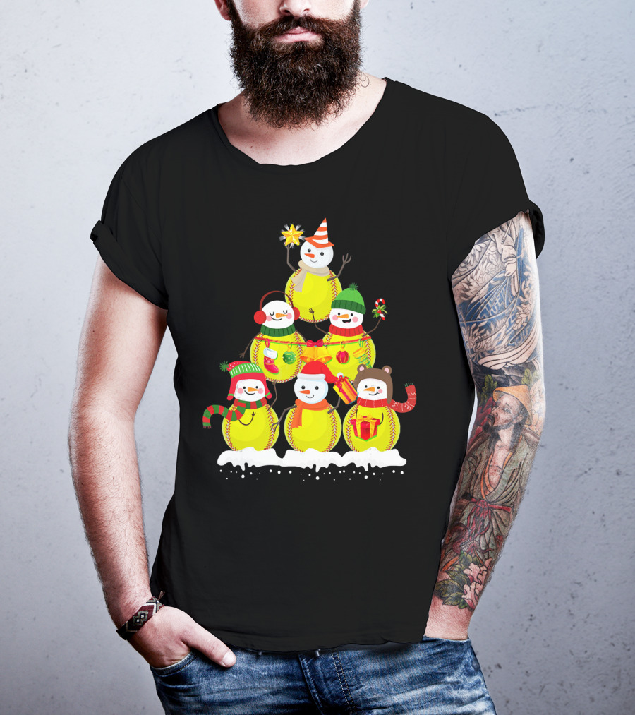 Softball Snowman Christmas Tree Holiday Scene T-Shirt