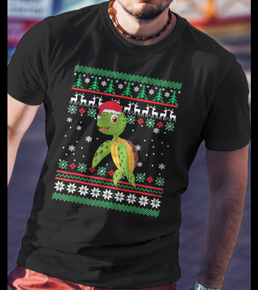 Sea Turtle With Santa Hat Christmas Sweater Pattern Snowflakes Reindeer Trees T-Shirt