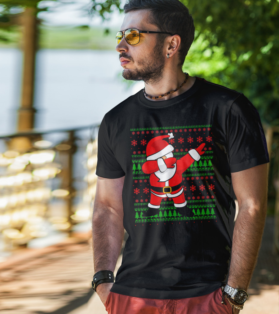 Santa Claus Dabbing Christmas Sweater Style Snowflakes Trees T-Shirt