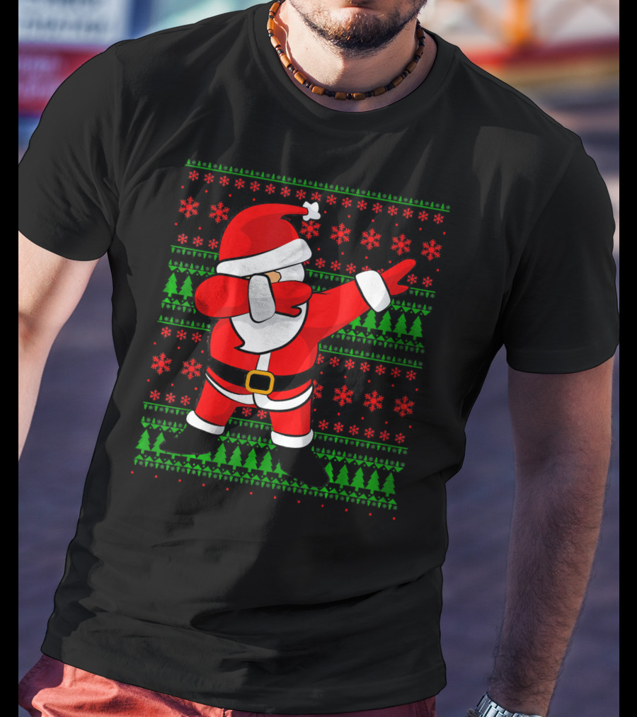 Santa Claus Dabbing Christmas Sweater Style Snowflakes Trees T-Shirt