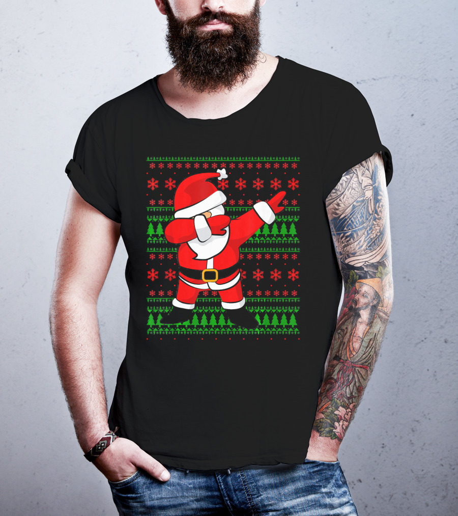 Santa Claus Dabbing Christmas Sweater Style Snowflakes Trees T-Shirt