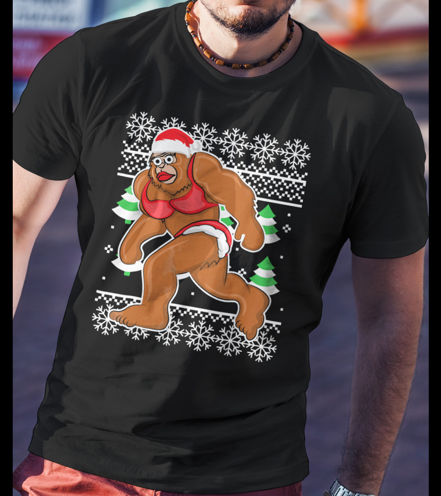 Bigfoot Bikini Ugly Christmas Sweater Santa Hat Snowflakes Holiday Party T-Shirt