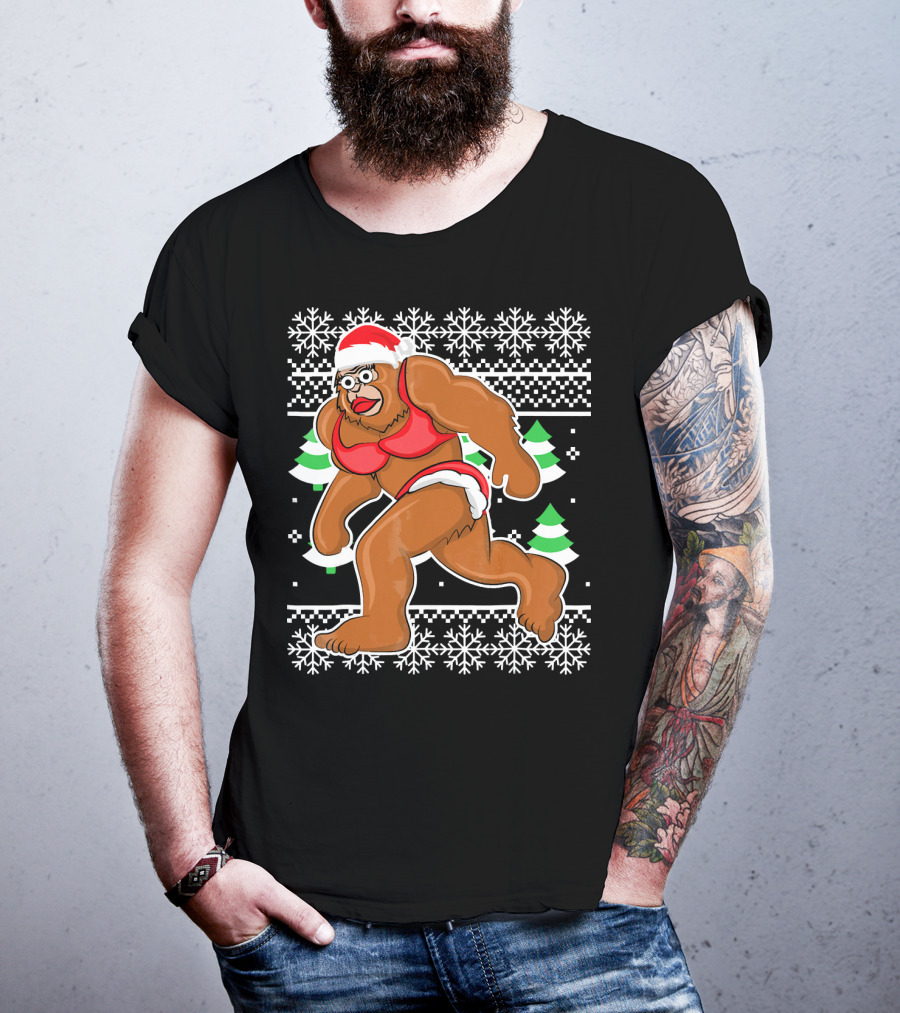Bigfoot Bikini Ugly Christmas Sweater Santa Hat Snowflakes Holiday Party T-Shirt