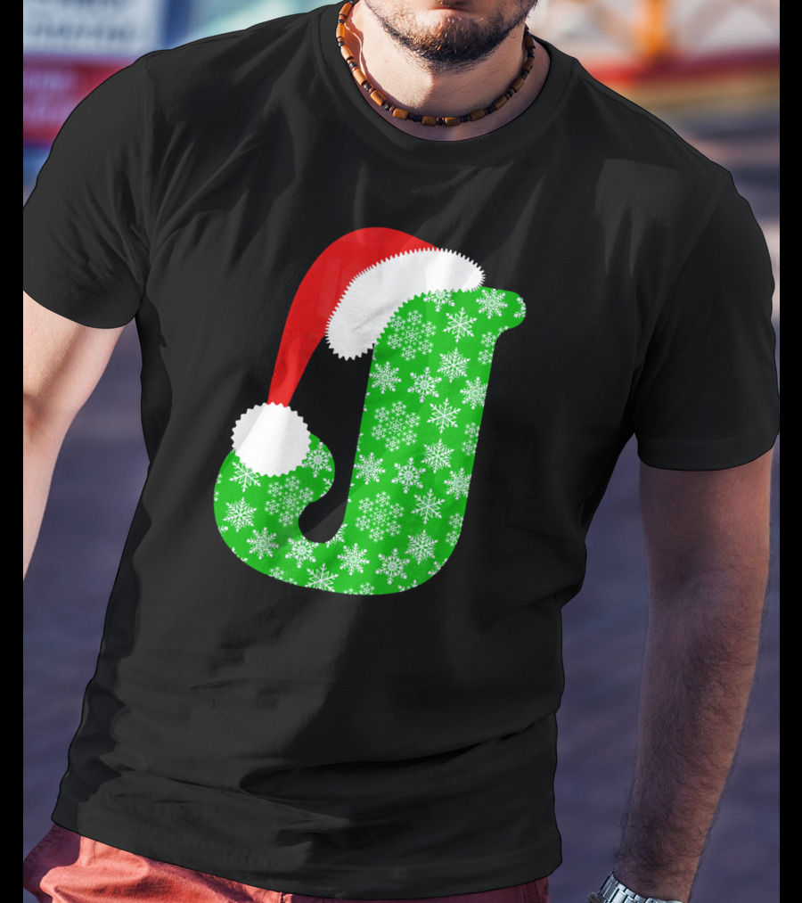 Santa Hat Green Snowflake Monogram Letter J Christmas T-Shirt