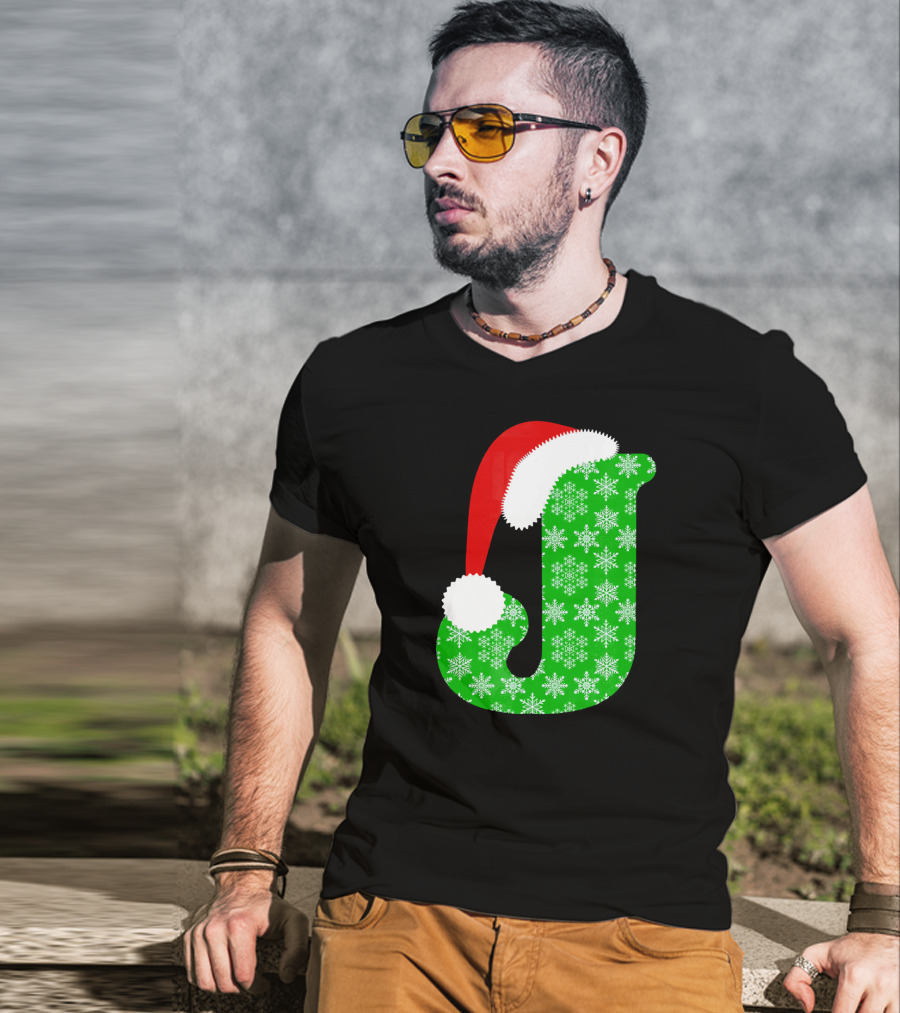 Santa Hat Green Snowflake Monogram Letter J Christmas T-Shirt