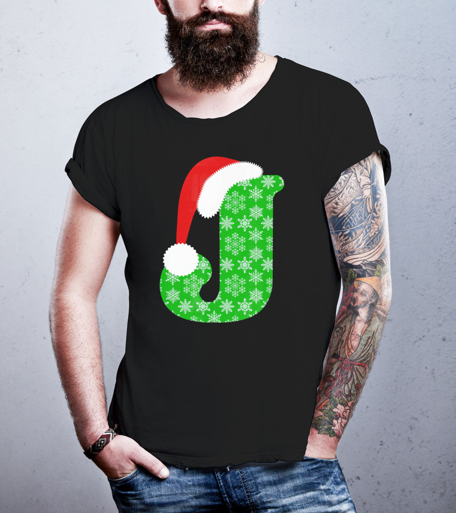 Santa Hat Green Snowflake Monogram Letter J Christmas T-Shirt