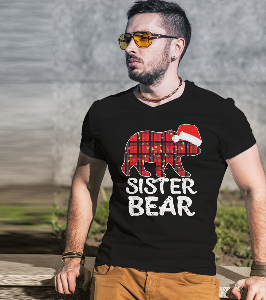 Sister Bear Red Plaid Christmas Paj With Santa Hat And Lights T-Shirt