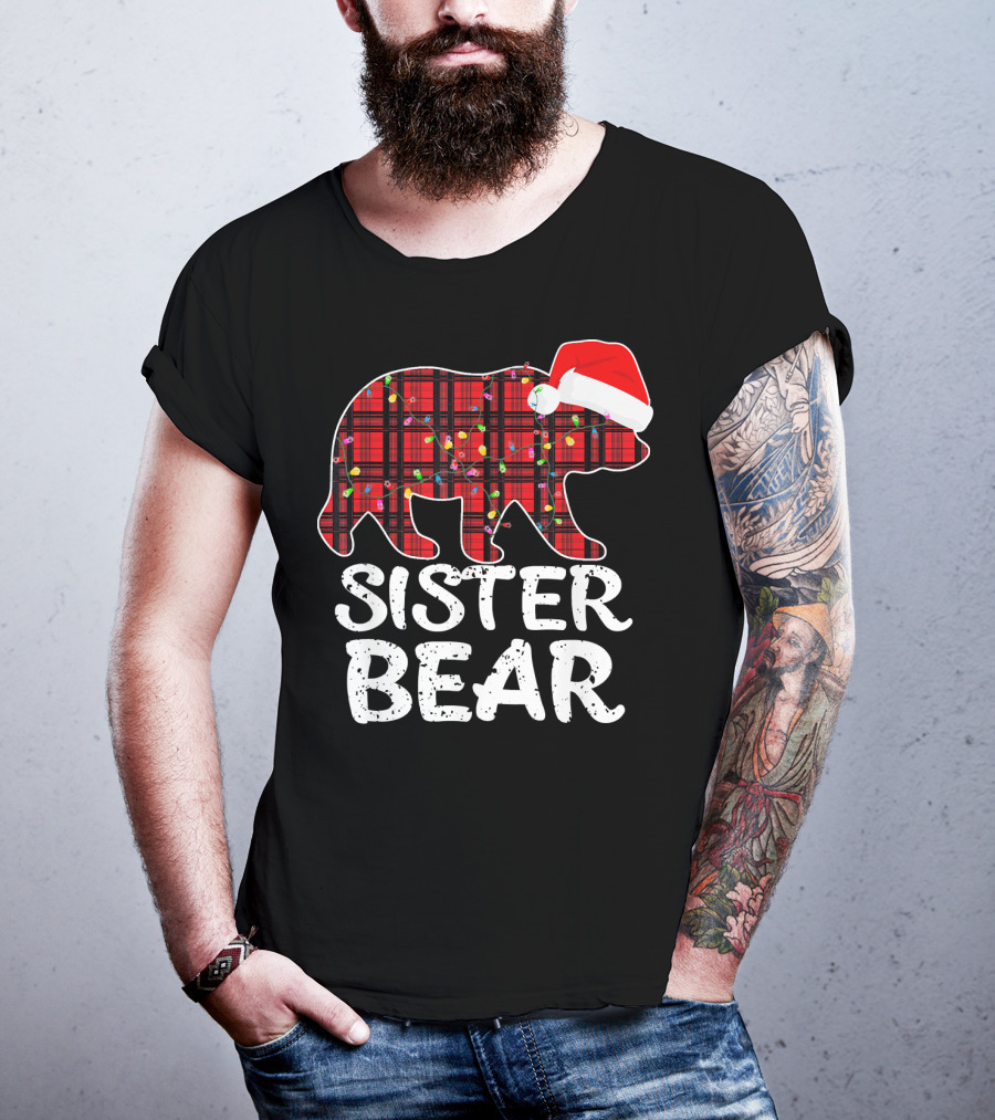 Sister Bear Red Plaid Christmas Paj With Santa Hat And Lights T-Shirt