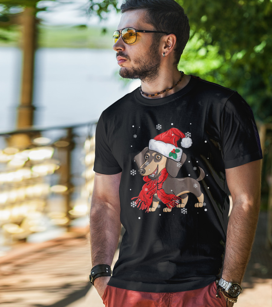 Dachshund Wearing Santa Hat And Red Scarf With Snowflakes T-Shirt