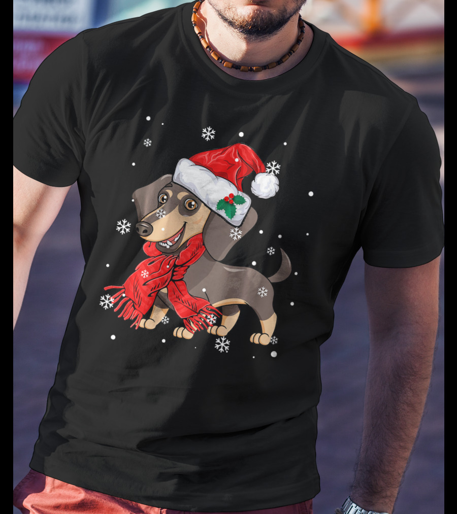 Dachshund Wearing Santa Hat And Red Scarf With Snowflakes T-Shirt