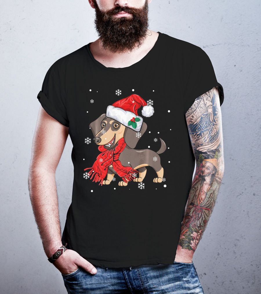 Dachshund Wearing Santa Hat And Red Scarf With Snowflakes T-Shirt
