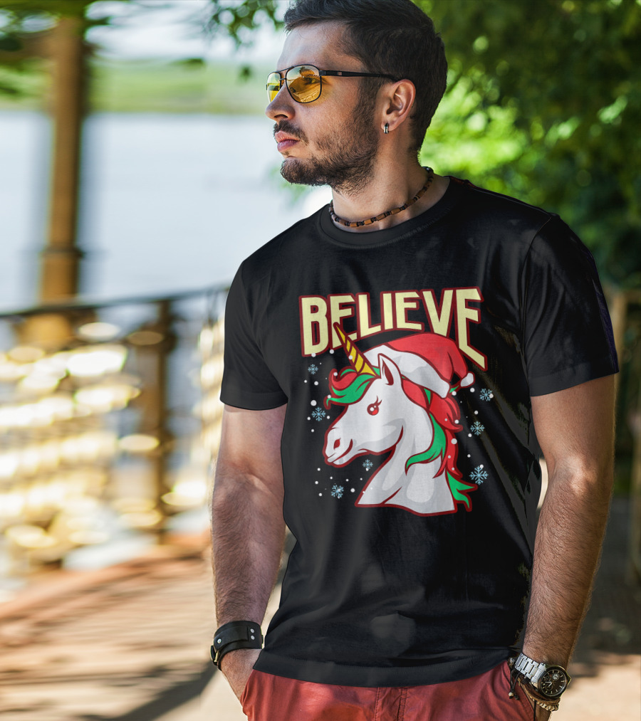 Believe The Unicorn Santa Hat Snowflakes T-Shirt