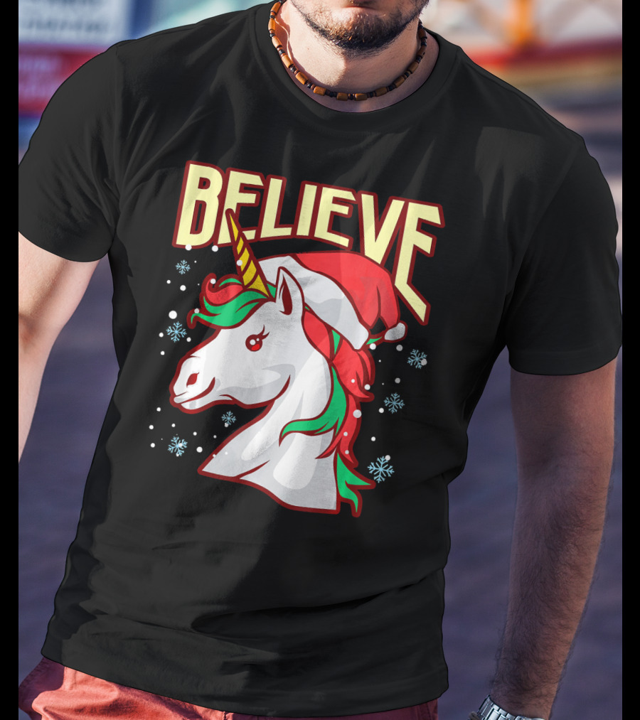 Believe The Unicorn Santa Hat Snowflakes T-Shirt