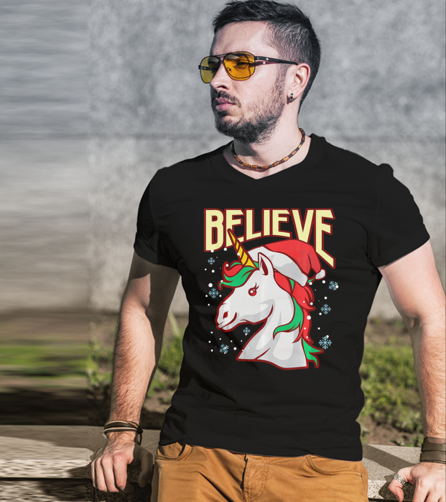 Believe The Unicorn Santa Hat Snowflakes T-Shirt