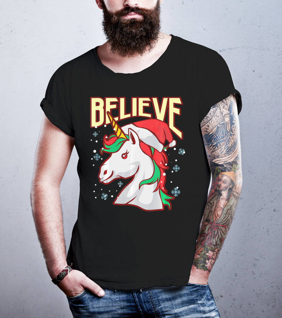 Believe The Unicorn Santa Hat Snowflakes T-Shirt