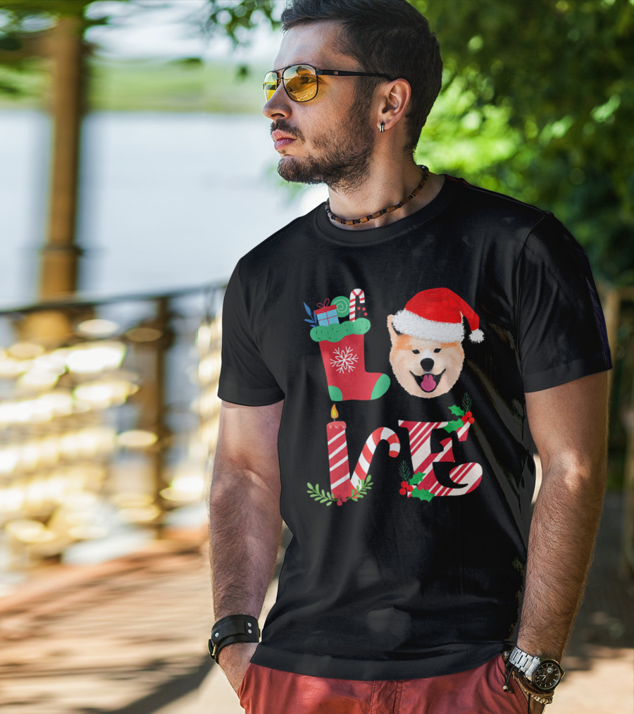 I Love My Akita Christmas Love With Santa Hat And Holiday Decorations T-Shirt
