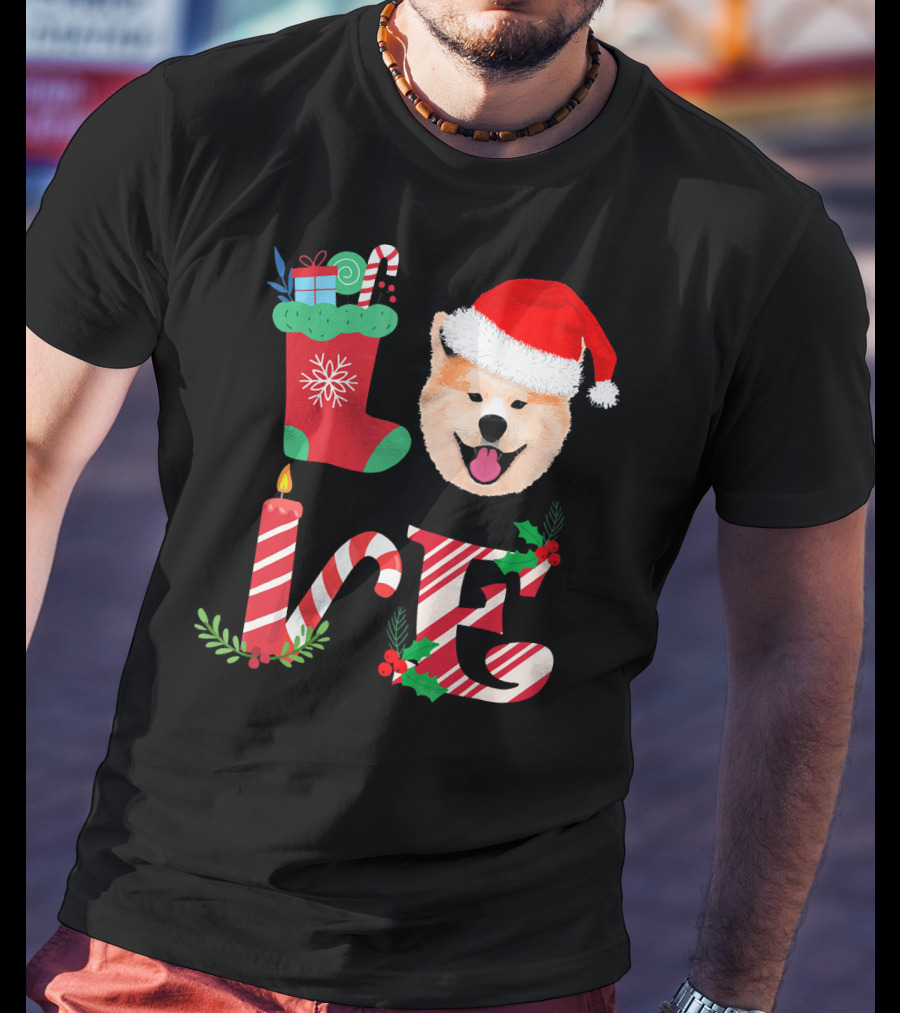 I Love My Akita Christmas Love With Santa Hat And Holiday Decorations T-Shirt