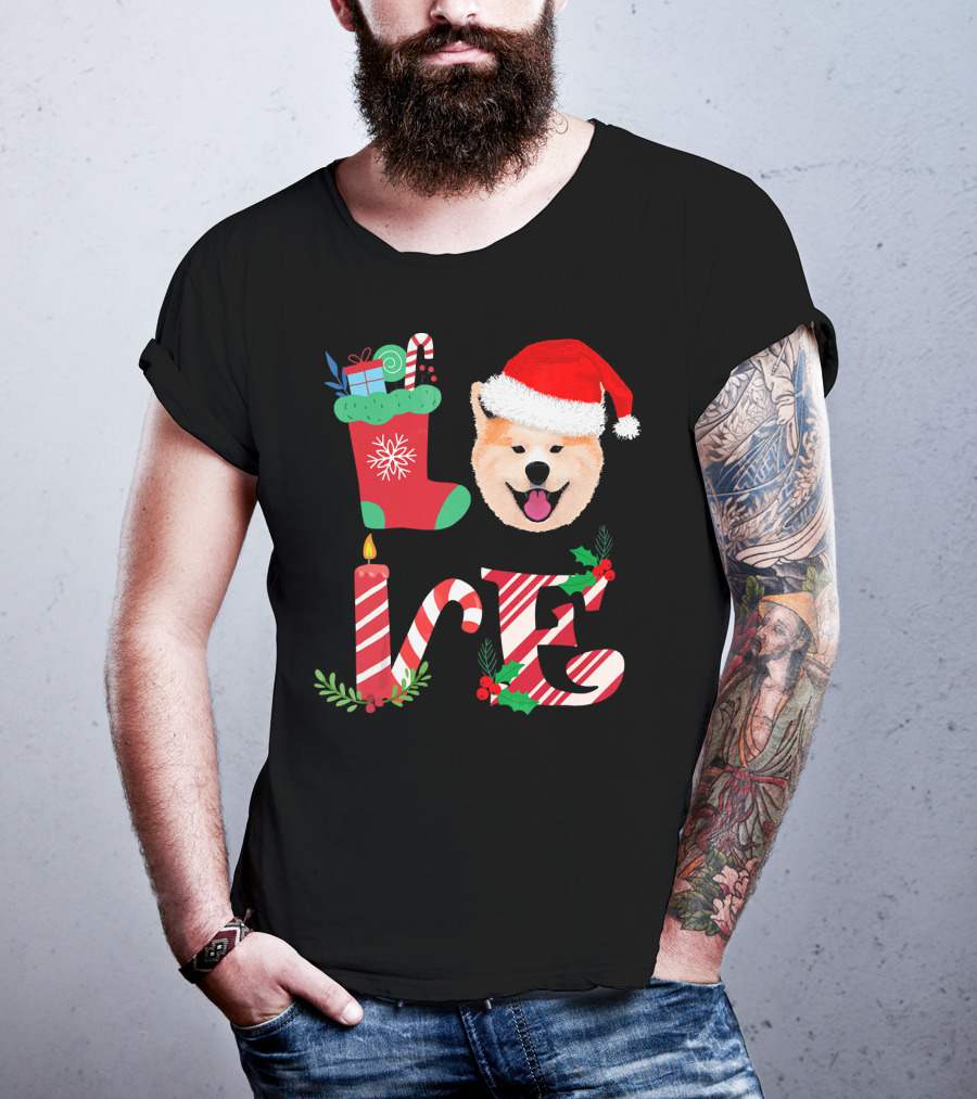 I Love My Akita Christmas Love With Santa Hat And Holiday Decorations T-Shirt
