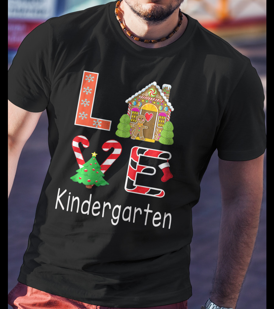 Love Kindergarten Christmas Candy Cane Gingerbread House T-Shirt