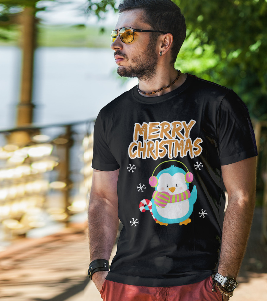 Merry Christmas Penguin With Candy Cane And Snowflakes T-Shirt