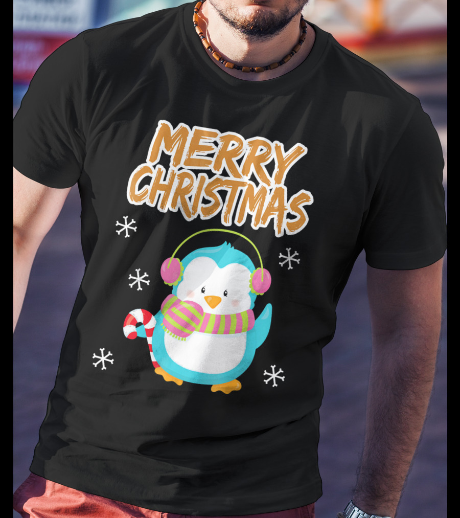Merry Christmas Penguin With Candy Cane And Snowflakes T-Shirt
