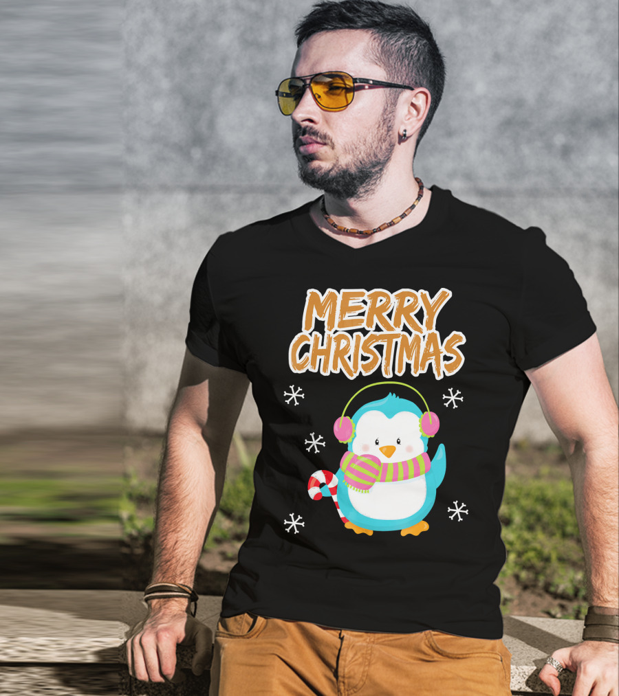 Merry Christmas Penguin With Candy Cane And Snowflakes T-Shirt