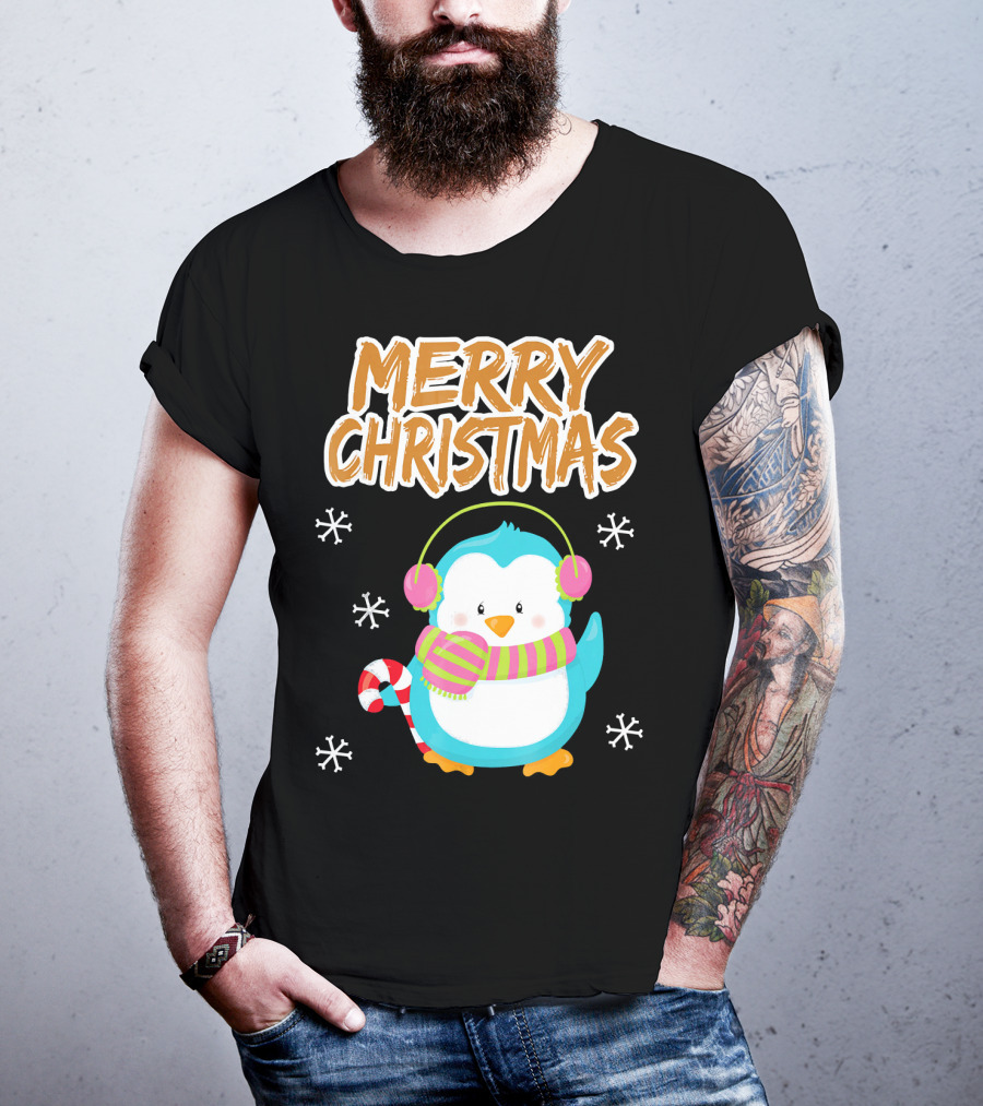 Merry Christmas Penguin With Candy Cane And Snowflakes T-Shirt