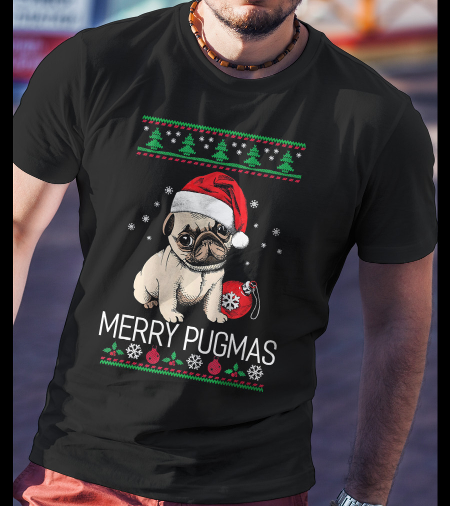 Merry Pugmas Santa Pug With Christmas Trees And Ornaments T-Shirt