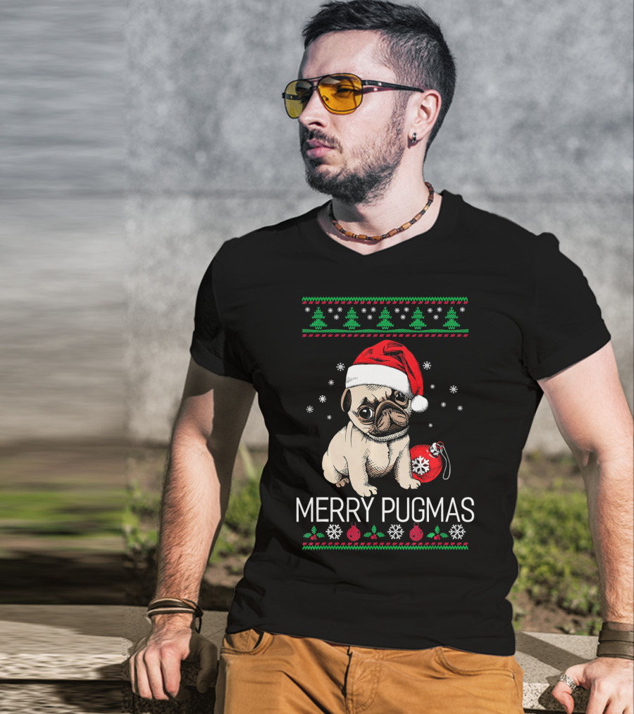 Merry Pugmas Santa Pug With Christmas Trees And Ornaments T-Shirt