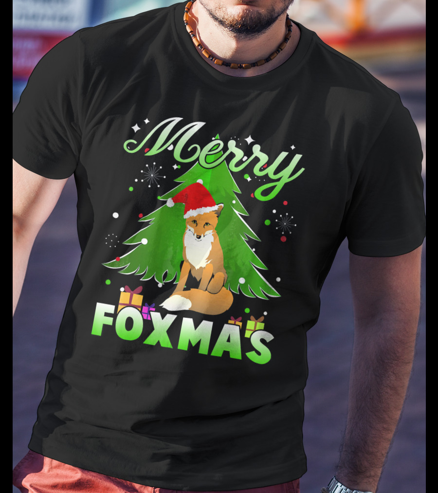 Merry Foxmas Santa Hat Fox And Christmas Tree T-Shirt