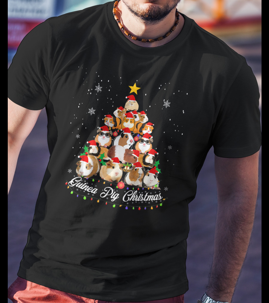 Guinea Pig Christmas Tree With Santa Hats And Snowflakes T-Shirt