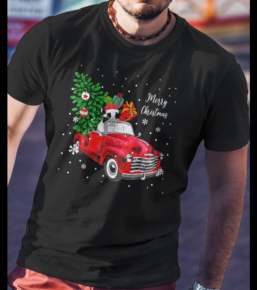 Merry Christmas Santa Boston Terrier Red Truck Snowflakes T-Shirt