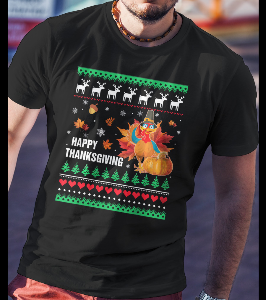 Happy Thanksgiving Turkey Pilgrim Hat Reindeer Snowflakes Pumpkins Leaves T-Shirt