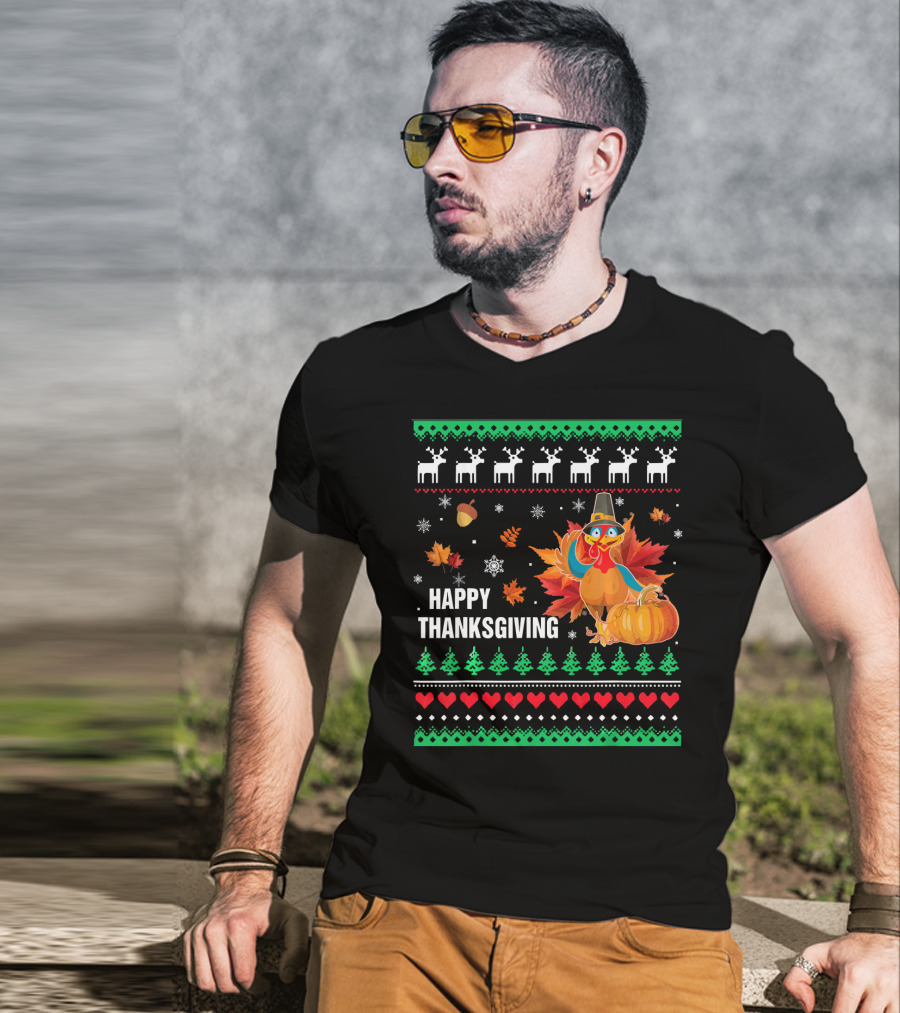 Happy Thanksgiving Turkey Pilgrim Hat Reindeer Snowflakes Pumpkins Leaves T-Shirt