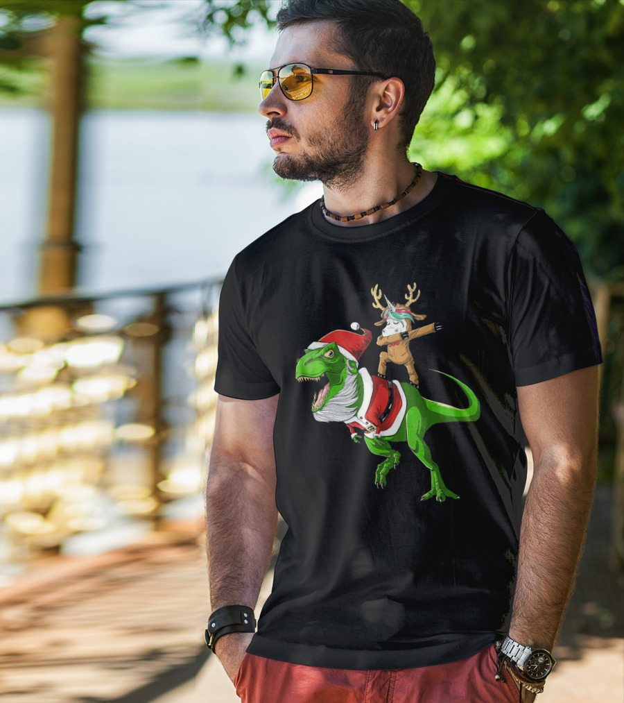 Unicorn Dabbing On Dinosaur Santa With Antlers T-Shirt