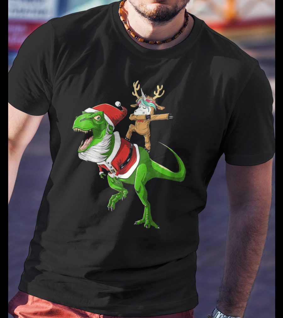 Unicorn Dabbing On Dinosaur Santa With Antlers T-Shirt