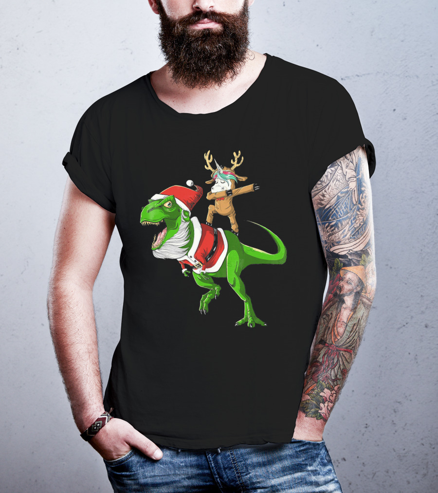 Unicorn Dabbing On Dinosaur Santa With Antlers T-Shirt